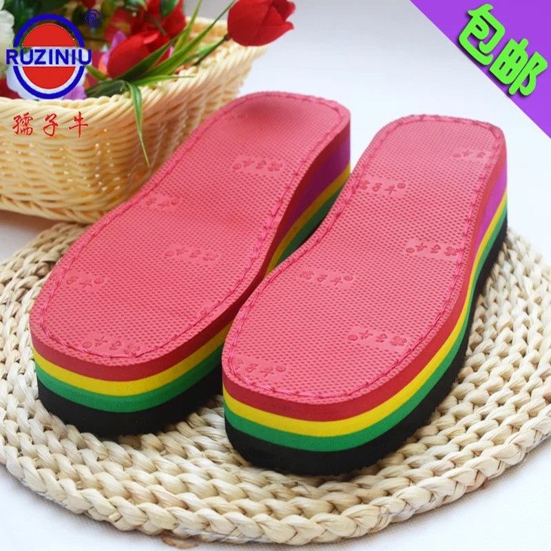 Raccoon Cow Rubber Rainbow High Heel Wedge Thick Muffin Sole Hand Slippers Sole. 