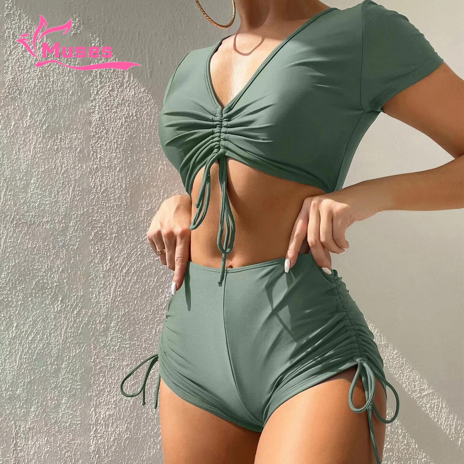 Muses Mall V-neck Swimsuit 2pcs Women's Summer Bikini Set V-neck Short S ve Tops High Waist Drawstring Swimming Trunks Quick Dry Swimsuit Solid Color. 