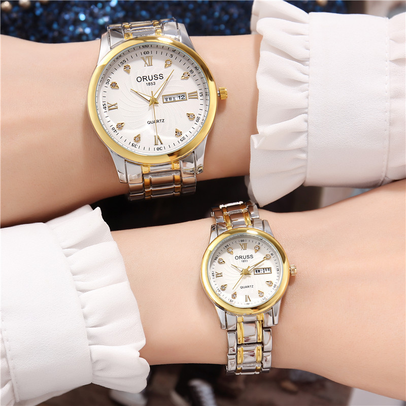 【WEJA】 Relo Buy 1 Take 1 couple watch for men and women automatic Date  water proof Quartz Watches Fashion Elegant Stainless Steel luminous display gold Casual Ladies wristwatch. 