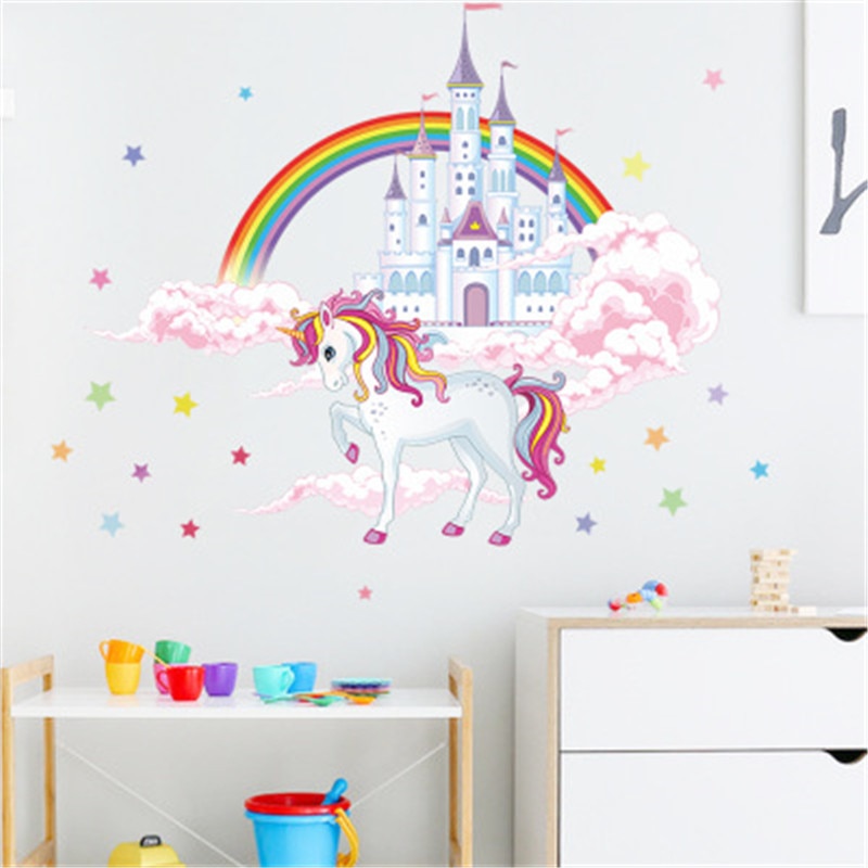 【WEJA】Colorful Rainbow Pink Princess Castle Unicorn Wall Sticker For Girls Kids Bedroom Unicorn Wall Decor Vinyl Mural Decals Muraux. 
