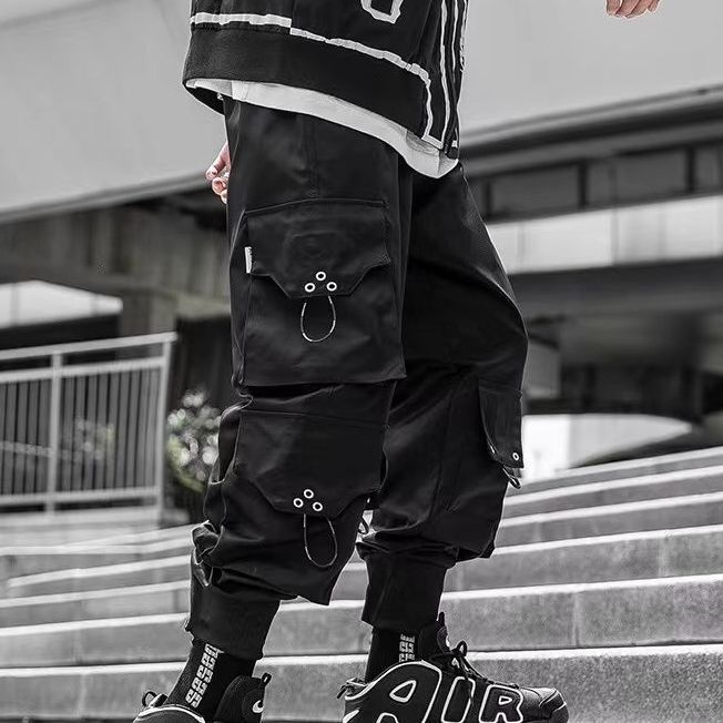 Spring and Autumn National Fashion Mechanical Style Paratrooper Pants plus Size Men Loose Fashion Brand Hip-Hop Ankle-Tied Pants Multi-Pocket Cargo Pants Men. 