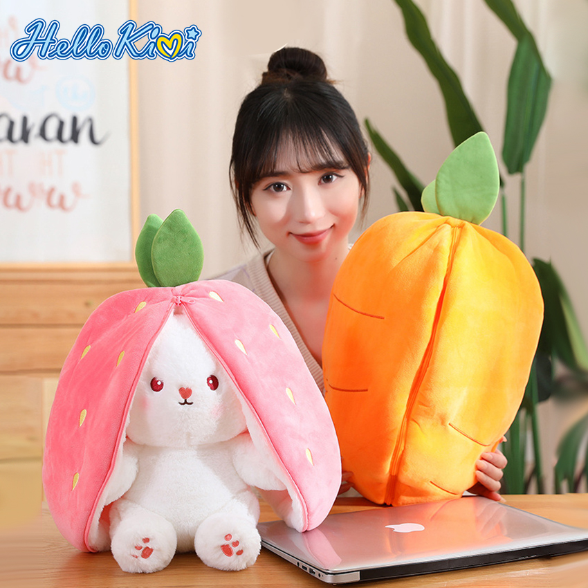 HelloKimi Strawberry Rabbit Plush Cute Bunny 2 In 1 Long Ear Fruit Animal Stuffed Doll Plush Toys Creative Transformation Of Rabbit Doll Plush Doll Reversible Carrot Strawberry Bunny Plush 