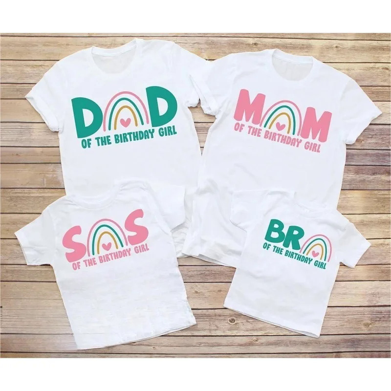 Cute Rainbow Theme Family Tshirts Birthday Girl's Party Clothes White Matching Outfits Summer Casual Short Sleeve Sets White