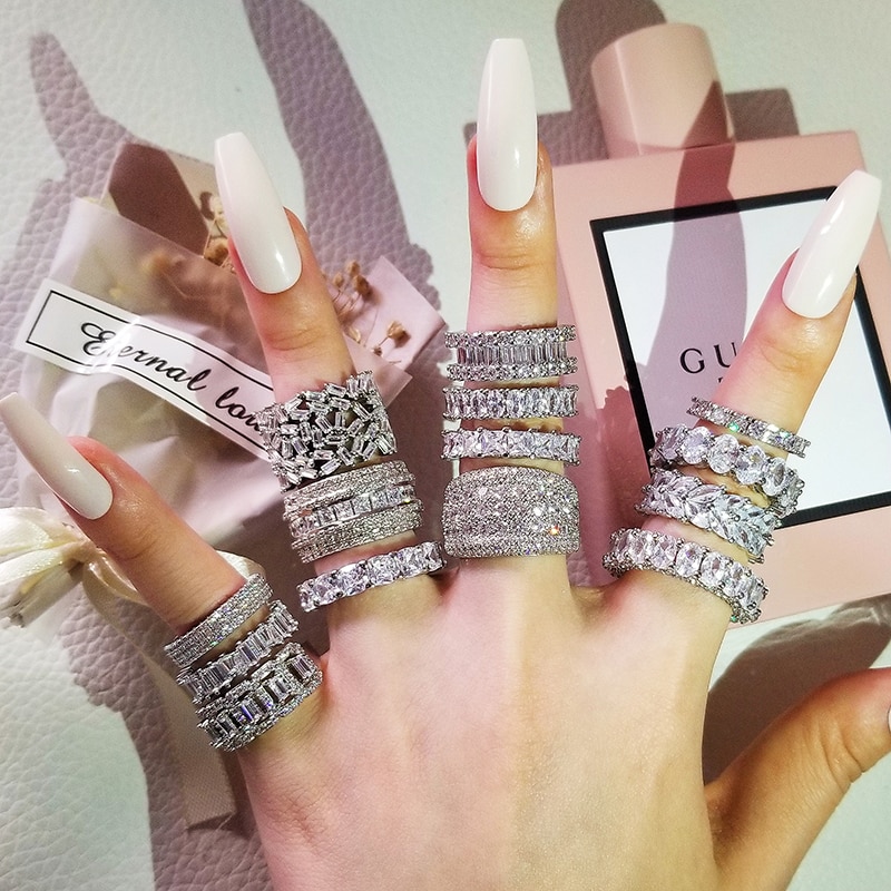 【IKE】 Luxury Vintage Silver Color Wedding Band Eternity Ring for Women Big Gift for Ladies Love  Lots Bulk Jewelry R4577. 