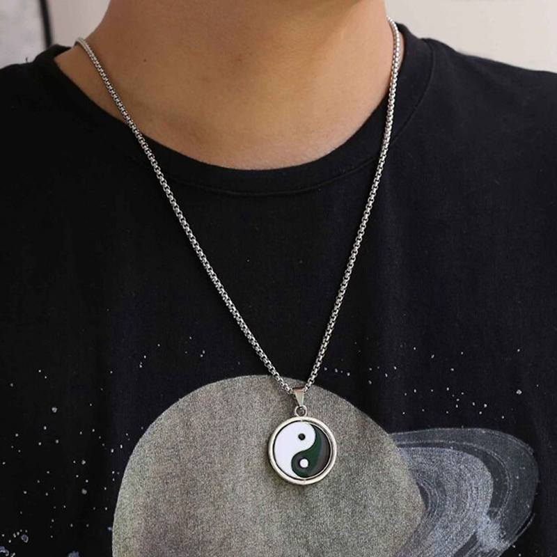 Vintage Men's Stainless Steel Necklace- Chinese Style Yin Yang Tai Chi Pendant Necklace -Male Punk Jewelry Accessories. 