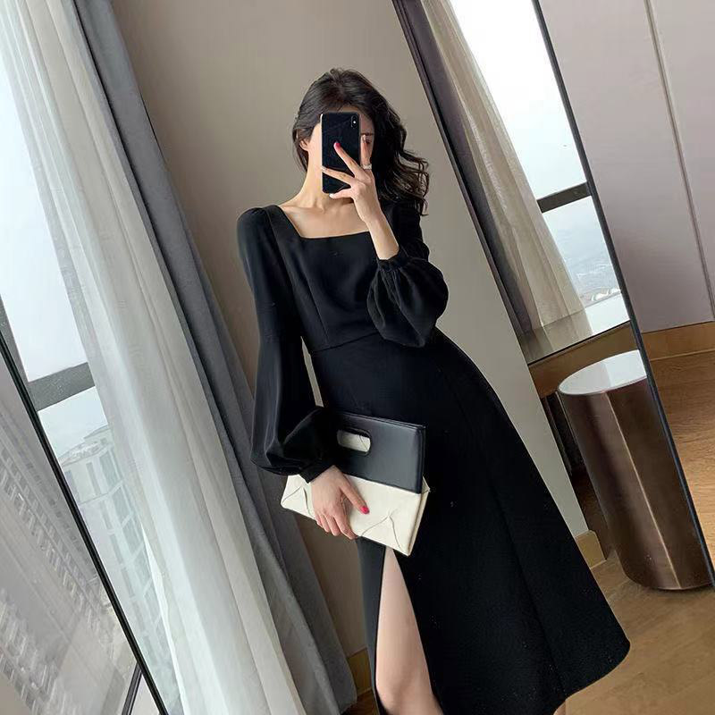 side split black dress
