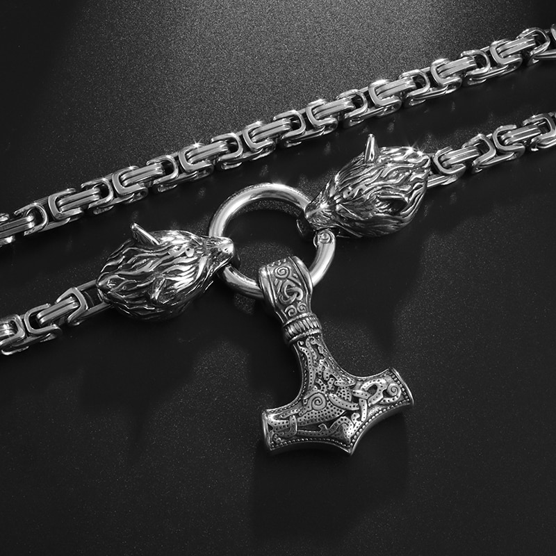 Vintage Viking Wolf Head Necklace for Men Heavy Viking Byzantine Chain High Quality Necklace Jewelry Amulet Gift. 