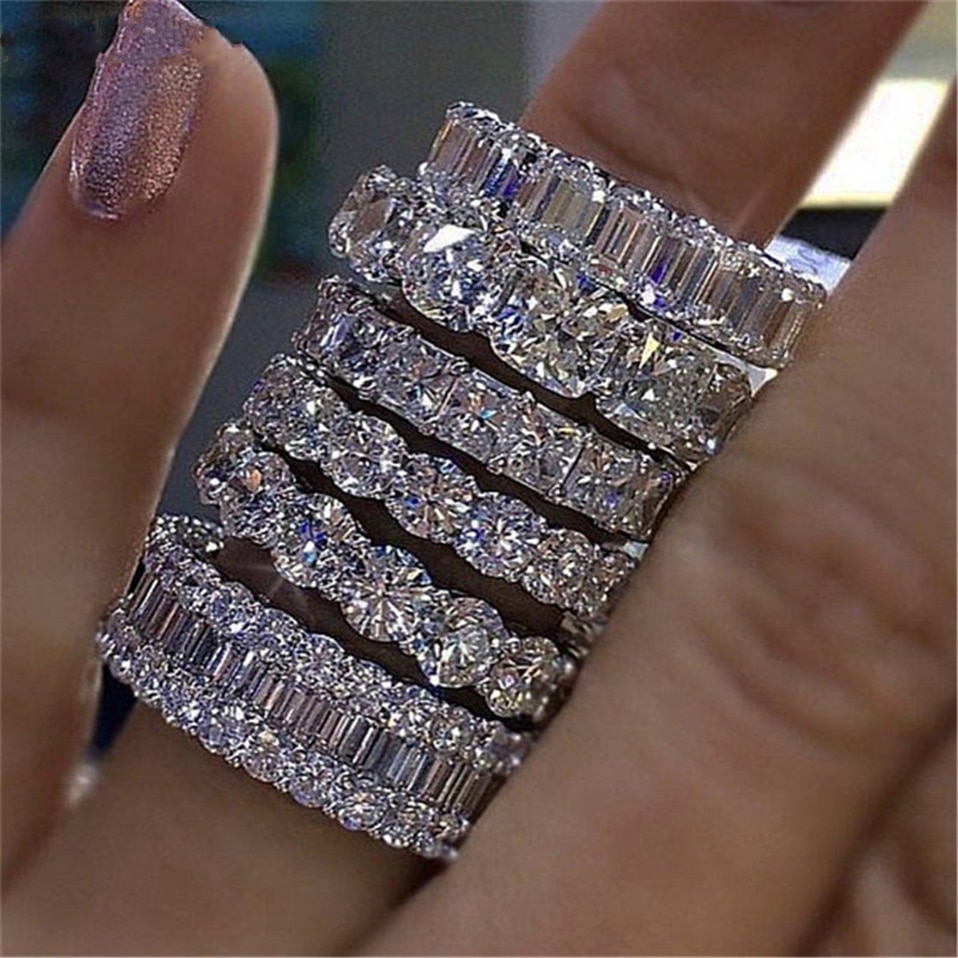 【IKE】 Luxury Vintage Silver Color Wedding Band Eternity Ring for Women Big Gift for Ladies Love  Lots Bulk Jewelry R4577. 