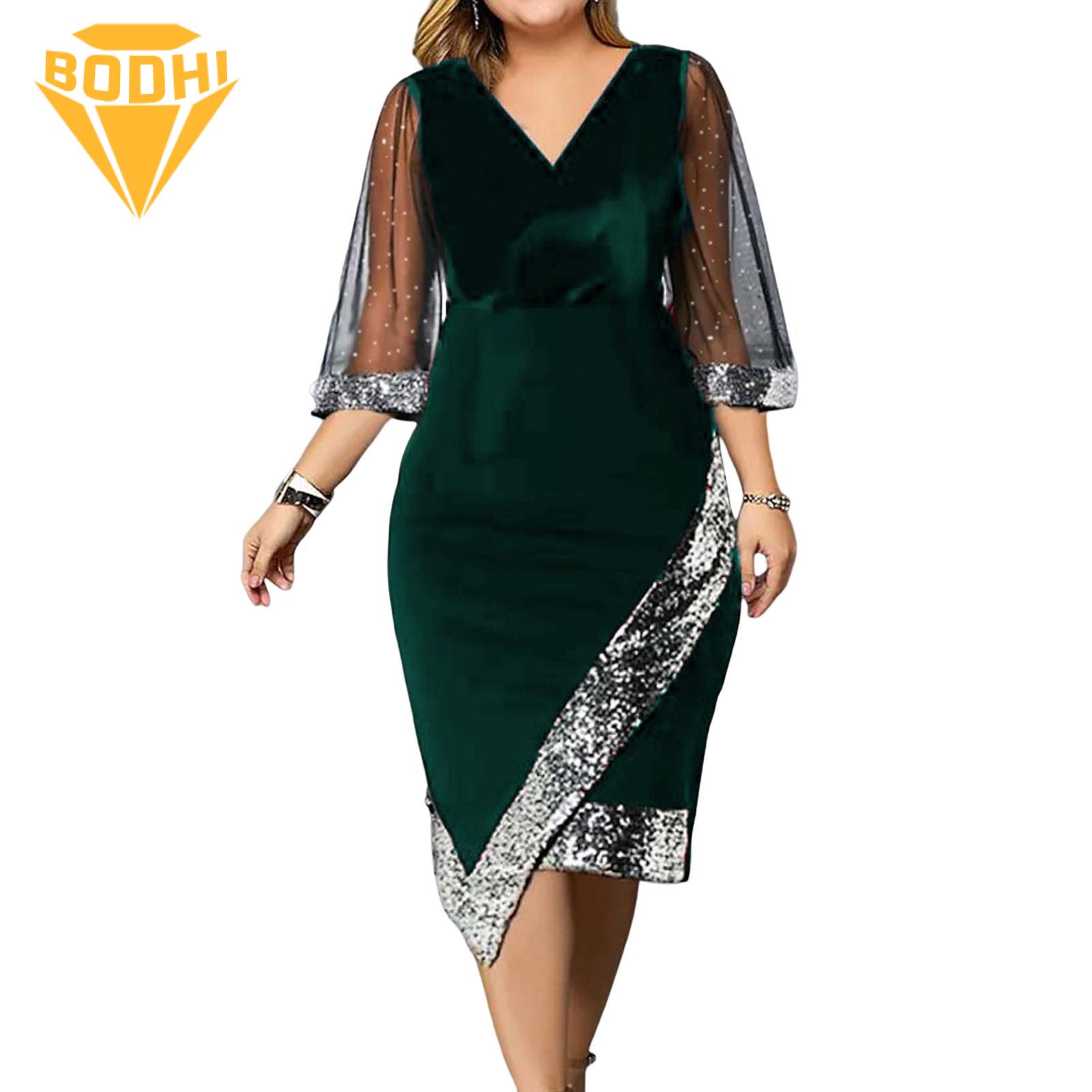 Knee Length Dress Sparkling Sequin Mesh Dress V Neck Slim Fit Knee Length Party Prom Midi Dress for Women