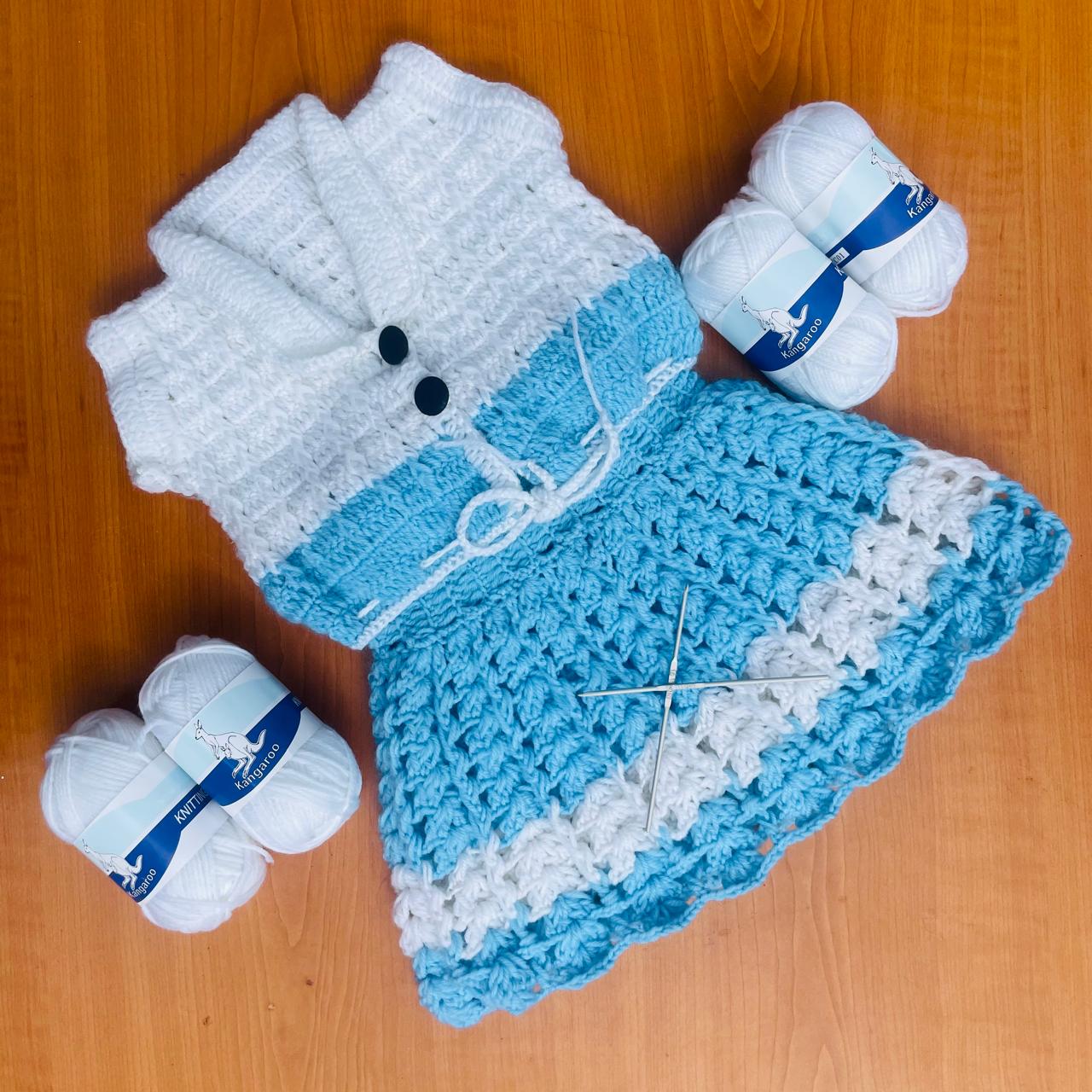 CROCHET BABY GIRL DRESS LIGHT BLUE AND WHITE SKIRT AND BLOUSE FOR 3-6 MONTH BABY. 