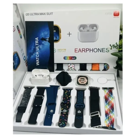 Hiwatch i20 Ultra 2 , 3 MAX Suit SmartWatch + Airpods Pro with Transparent Screen Guard Watch with Seven Decorated Straps. 