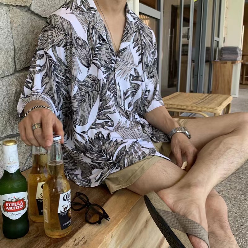 Hawaiian Shirt Men's Large Size Summer Thin Fat Man Retro Short Sleeve Pu Shuai Japanese Style Flower Shirt Beach Idle Style. 
