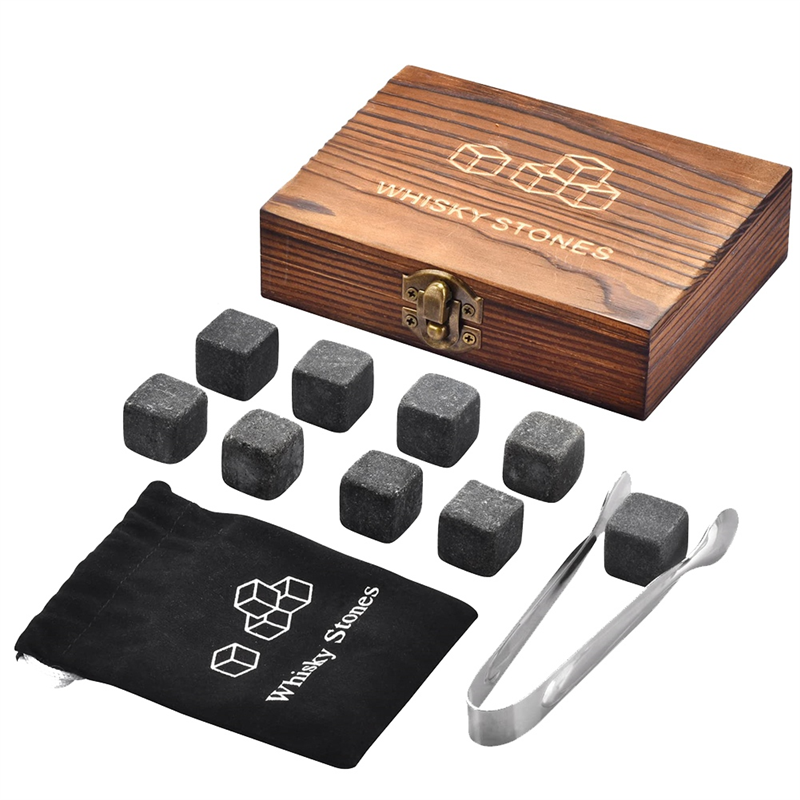 WHISKY STONES Whiskey Stones Frozen Ice Stone Granite Whiskey Rocks Set 9 with Wooden Box Reusable Cooling Ice Cubes. 