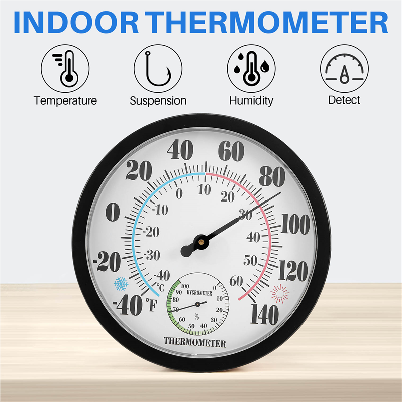 Indoor Outdoor Thermometer Garden Wall Patio Weather Thermometer Hygrometer, Large Number 10 in Diameter (Black). 