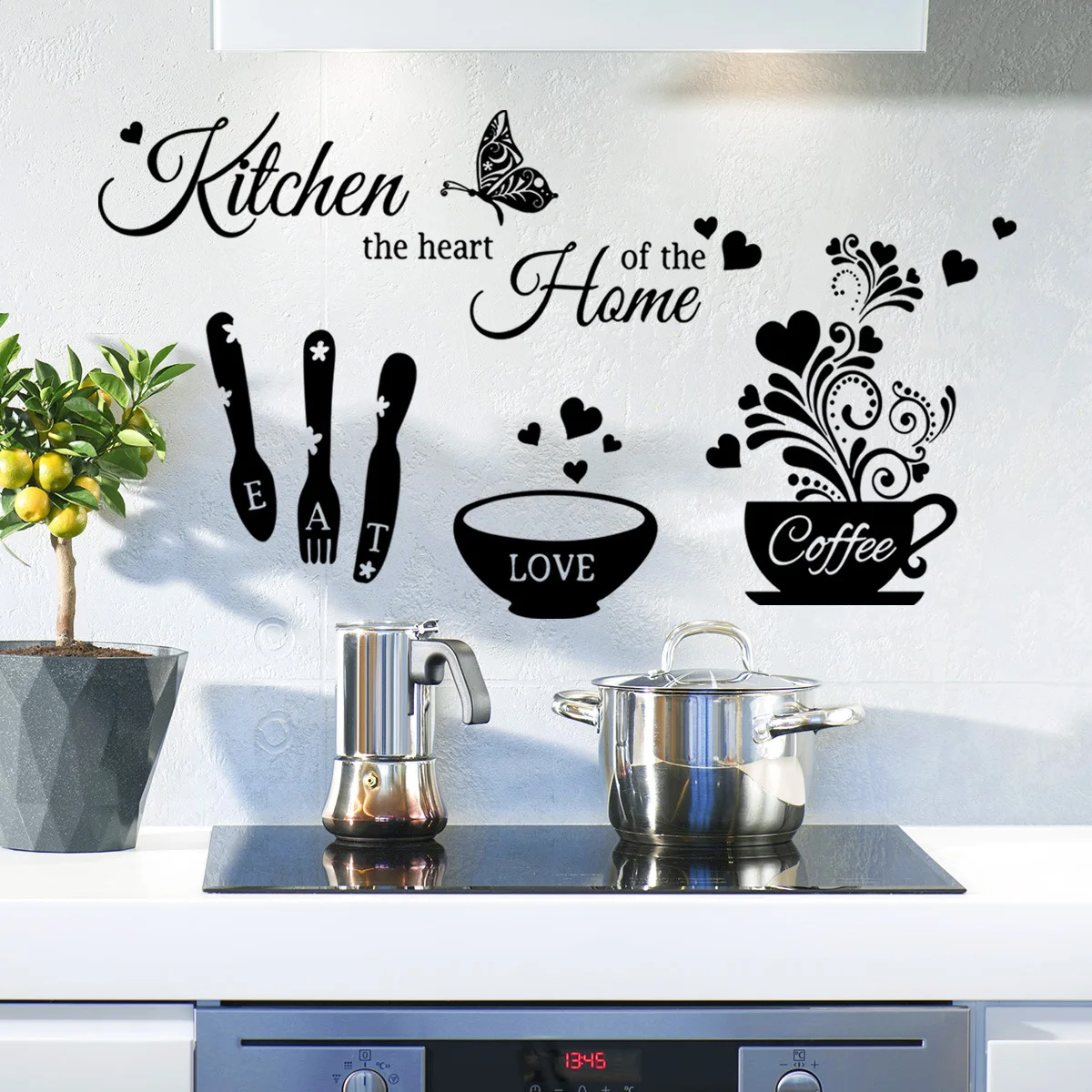 Kitchen Wall stickers Cooking Wall Decal Home Decoration Wall Decor Kitchen Kitchen the Heart of the Home Kitchen stickers Black theme wall sticker Big Butterfly Kitchenware cooking tools. 
