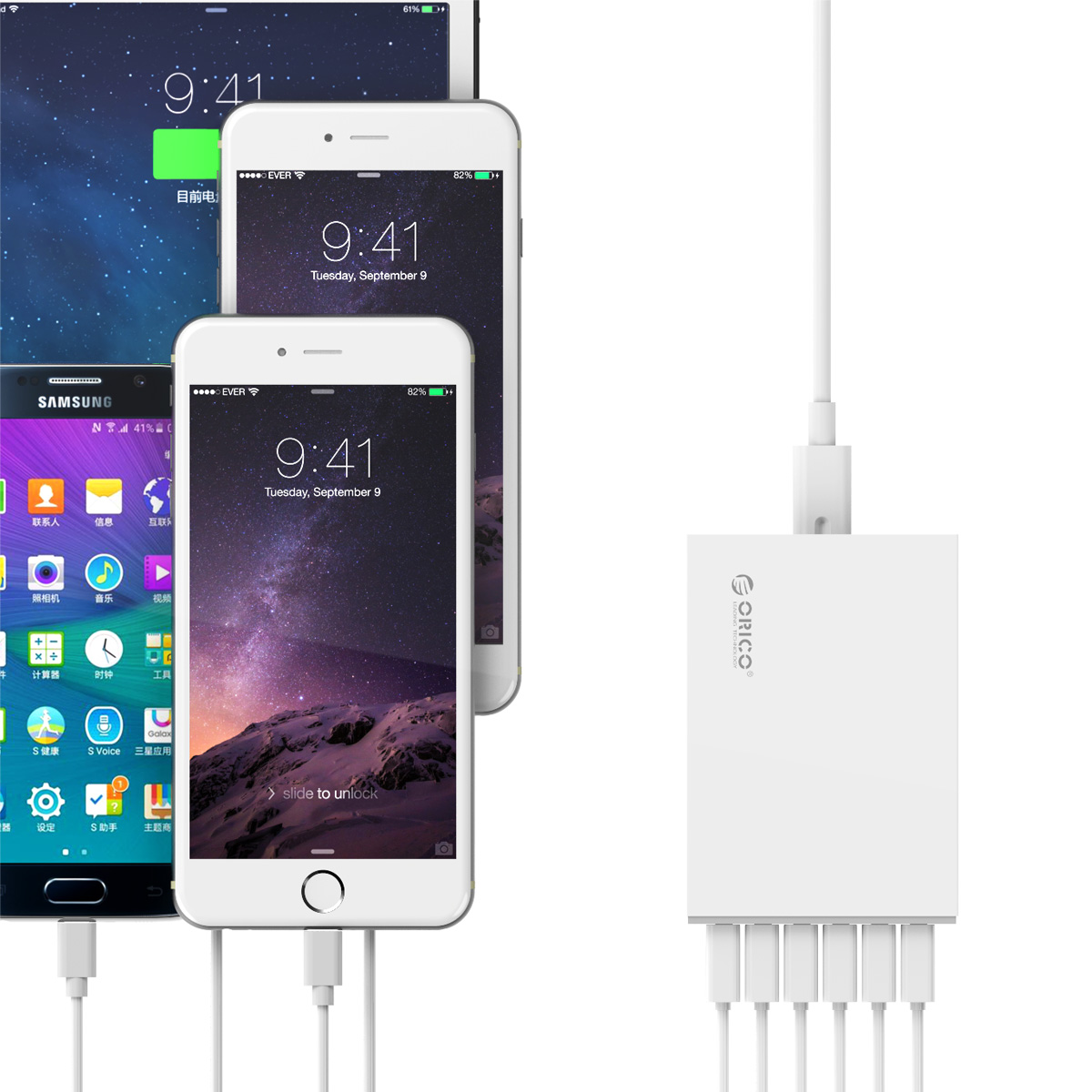 ORICO QC2.0 Fast Charger 6 Ports USB Desktop Charging Station for iPhone Samsung Xiaomi Huawei Smartphone Docking Charger. 
