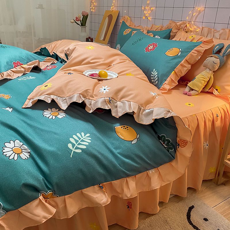 Korean Bed Four-Piece Set Spring and Summer Bedding Princess Style Floral Duvet Cover Bed Sheet Student Dormitory Bed Skirt Three-Piece Set. 