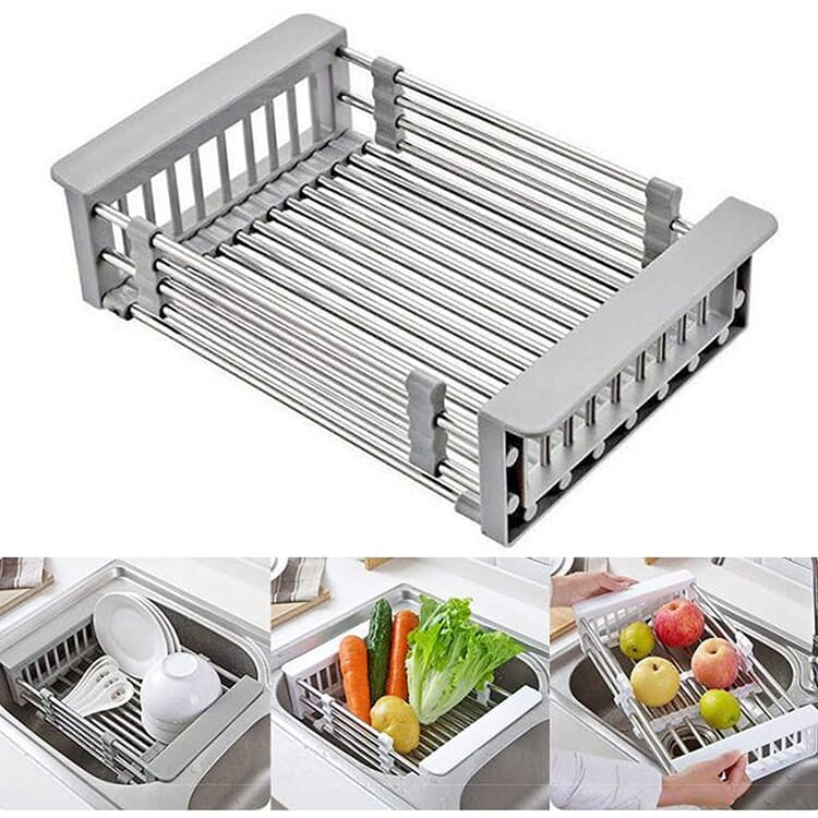 Kitchen Refrigerator Tray Retractable Stainless Steel Sink Strainer Drain Vegetable Fruit Drainer Basket Rack Storage