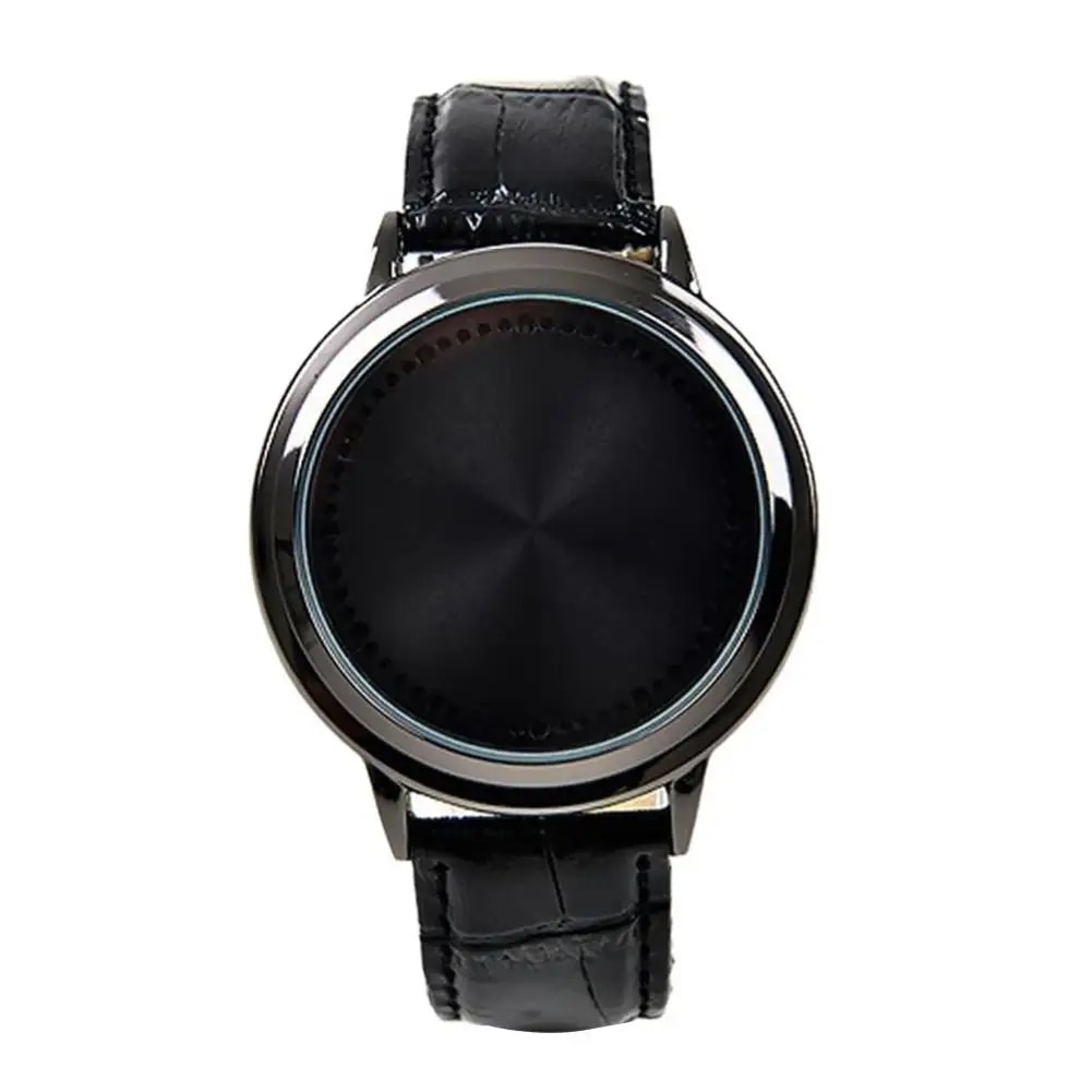 Fashion Men LED Tou-ch Control Round Dial Faux Leather Band Quartz Wrist Wa Ladies Dress Watches Gift Luxury. 