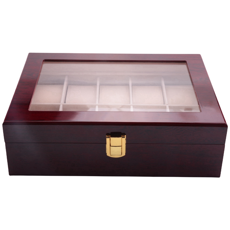 Wooden Watch Box for Watches Men Glass Top Organizer Box 10 Grids