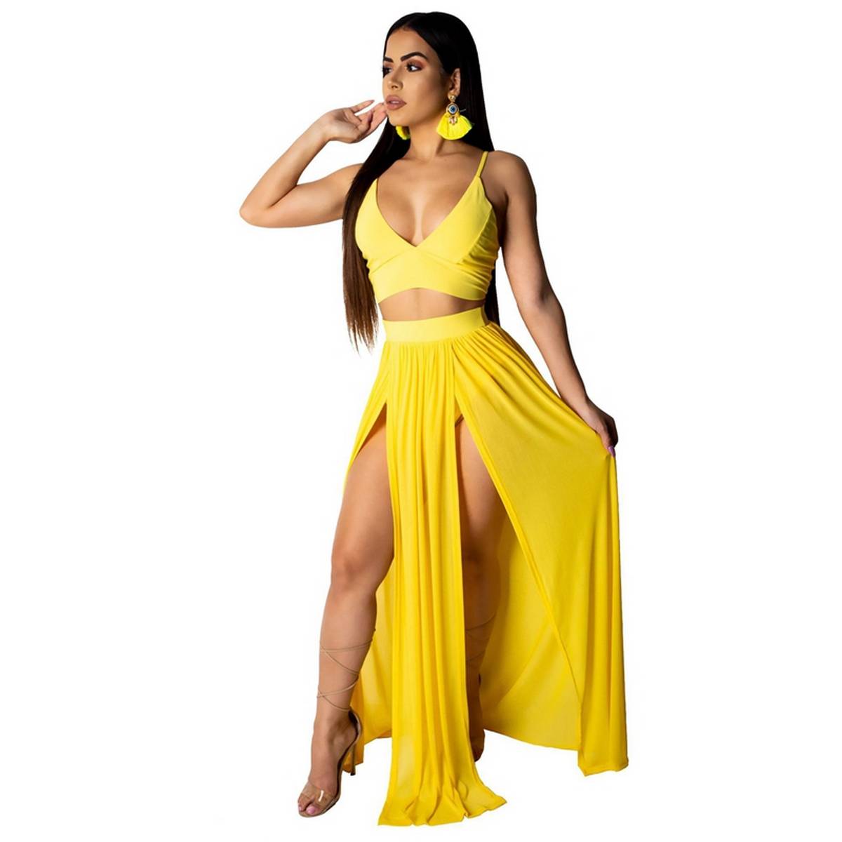 yellow 2 piece skirt set