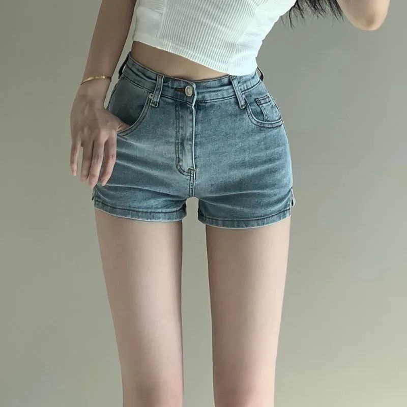 Light Blue Split Denim Shorts Women's Hot Girl Summer New High Waist Slimming and Tight Stretch All-Matching a Word Hot Pants Tide. 