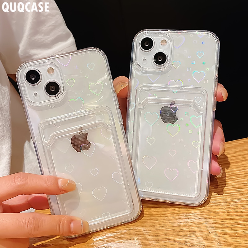 【ThinkWay】Holographic Heart Phone Case For iPhone 13 Pro Max 11 12 XR 6 7 8 Plus XS X SE   Clear Wallet Card Holder Storage Cover. 