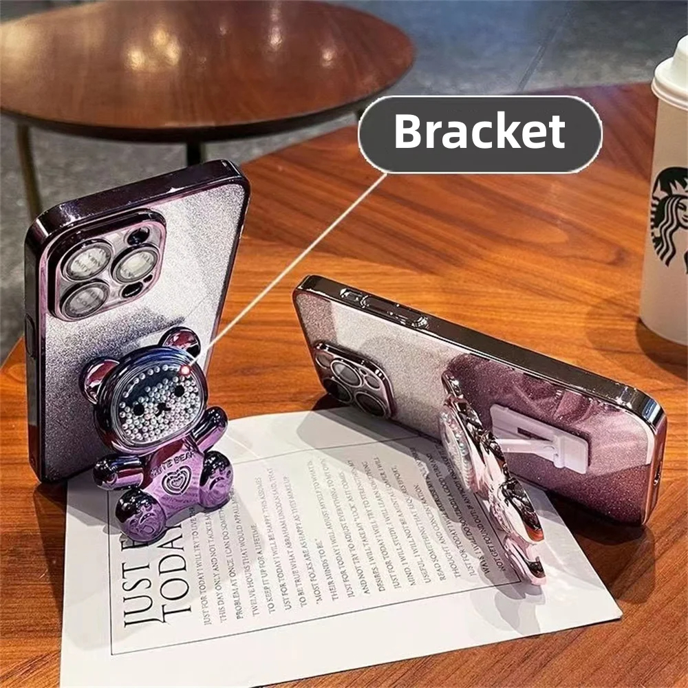 For Samsung Galaxy S9 / S9 Plus Back Cover with 3D Bear Hidden Stand Bracket Luxury 6D Gradient Shiny Plating Glitter Women Phone Case Clear Soft Silicone Protective Cases Pouch Girls. 
