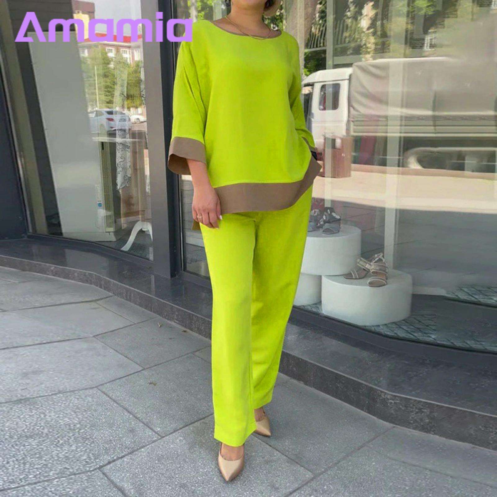 Women Top Pants Suit Stylish Women's Contrast Color Top Pants Set Casual Loose Blouse with Wide Leg Trousers Perfect for Fashionistas Three Quarter S ves T-shirt. 