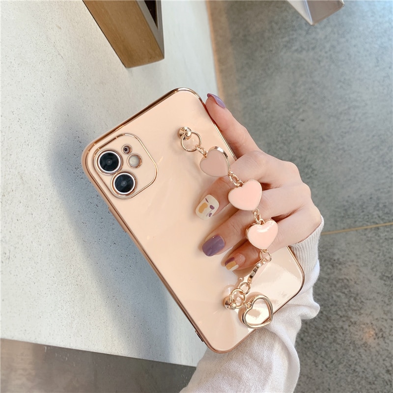 【ThinkWay】Luxury Plating Love Heart Chain Wrist Bracelet Soft Phone Case for Iphone 13 12 Pro Max X XS XR 11 Pro Max 7 8 Plus Coque Cover. 