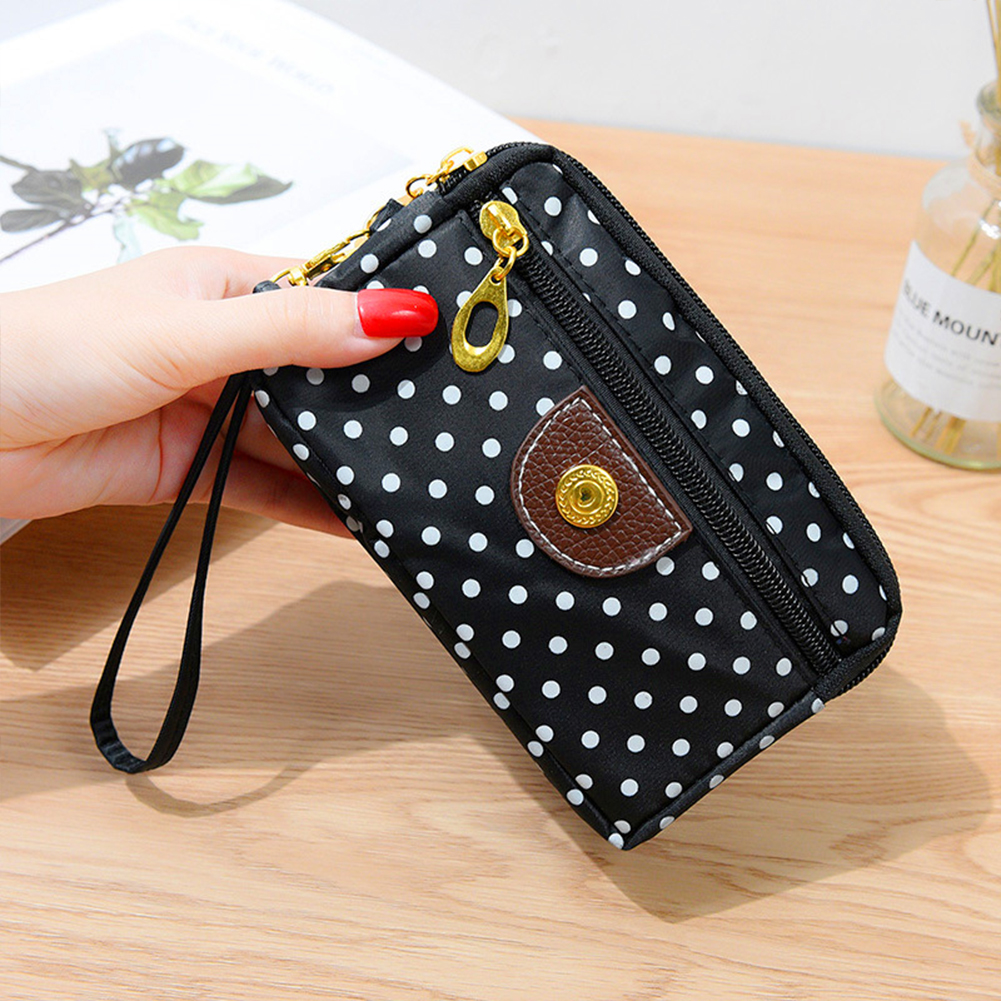 Yfashion women canvas handbag 3 layers zipper dot printing wallet color mobile phone case. 