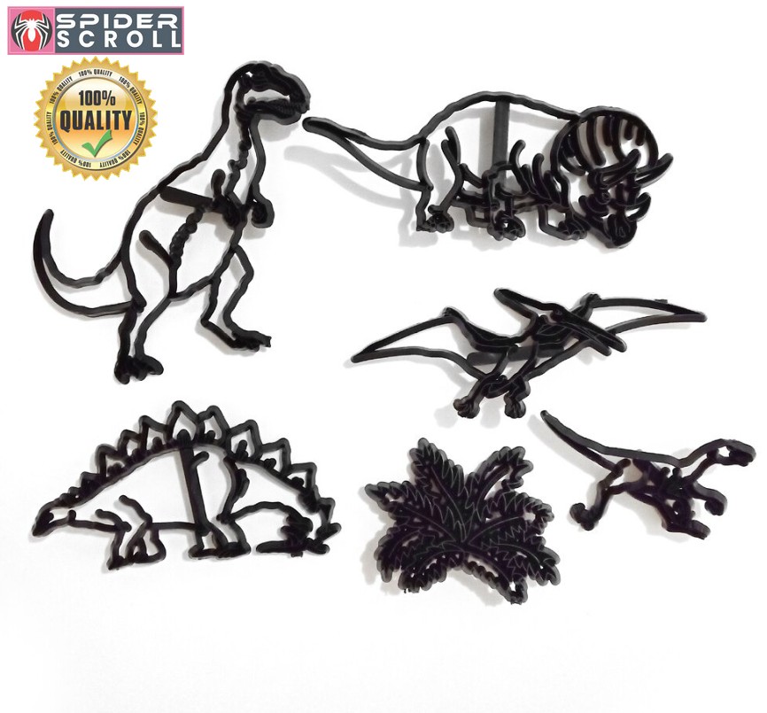 6PCS Cretaceous Dinosaur Animal Cookie Stamp Cutter Plastic Pterosaur Stegosaurus Silhouette Fondant Cutter Cake Decorating Mold. 