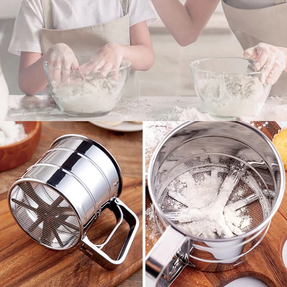 Stainless Steel Mesh Flour Sifter Mechanical Baking Icing Sugar Shaker