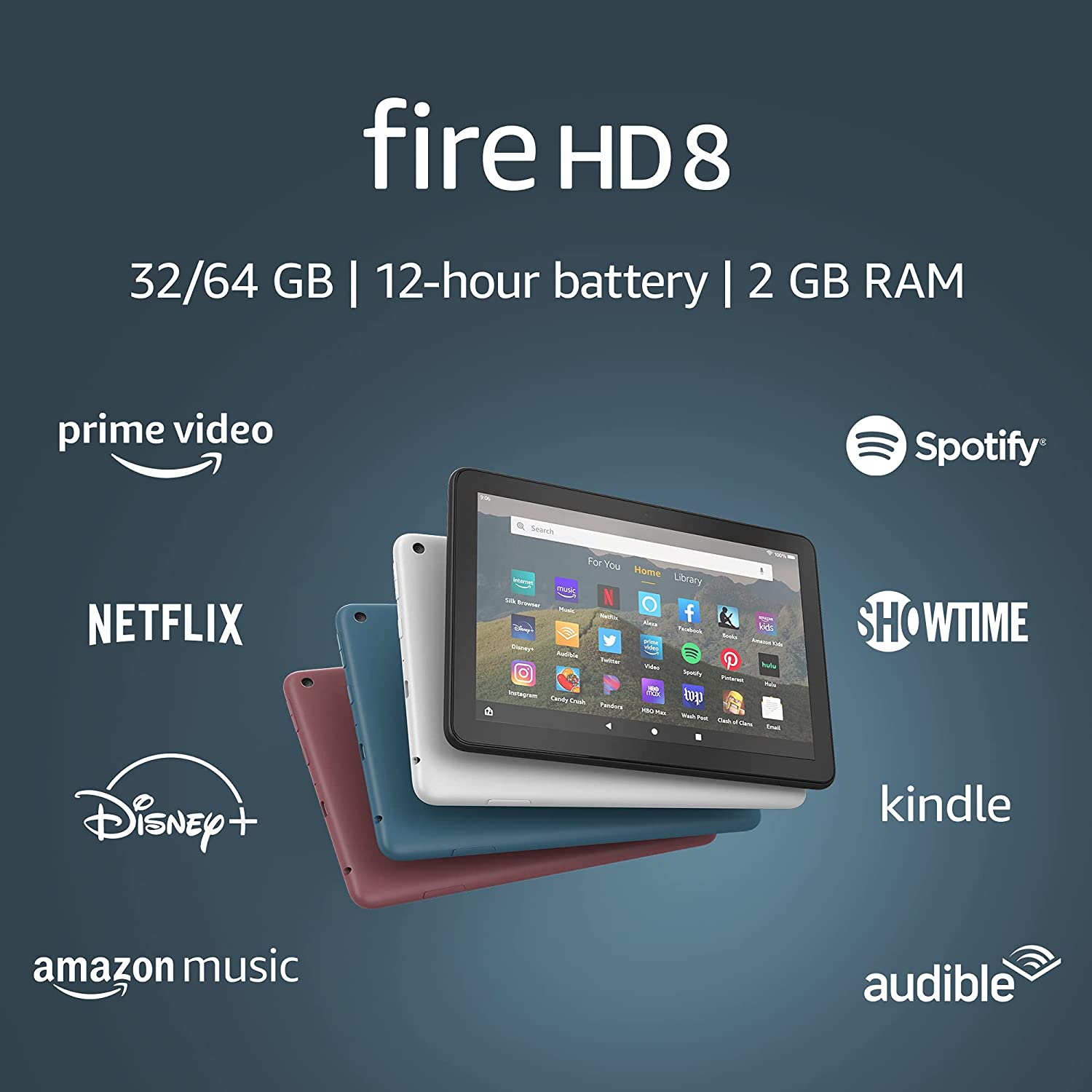 Fire HD 8 tablet, 8" HD display, 32 GB, Twilight Blue. 