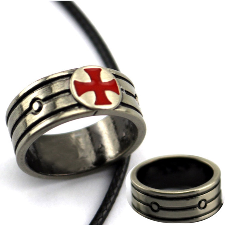 【IKE】Assassin's Creed Origins Red Cross Ring Fashion Trend Templar Ring Lanyard Necklace Boys Girls Fashion Jewelry Gifts. 