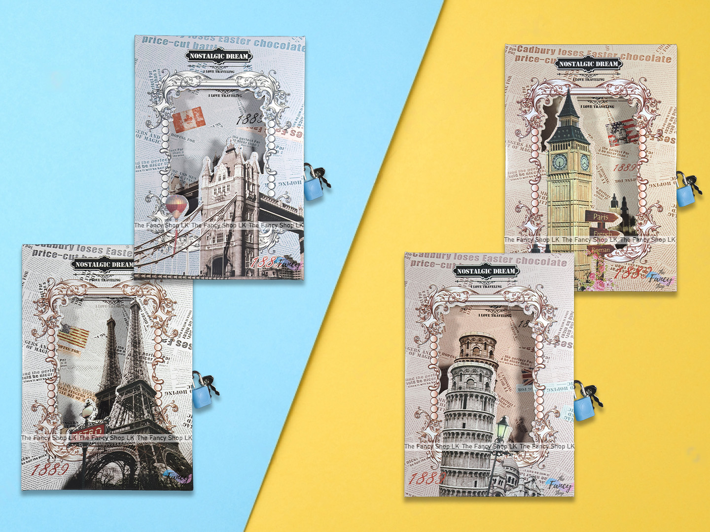 Notebook Diary Autograph Lockable 32k (13cmx19cm) Lock and Key System Colored Pages For Girls Cute Nostalgia Dream Famous Places Eiffel Tower Pissa Big Ben London Bridge Design. 