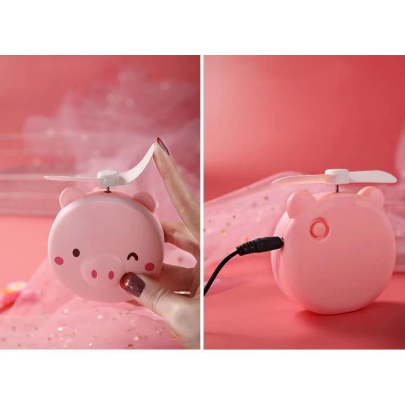 Cute Pig Mini Fan Handheld Portable Pocket Outdoor Creative Makeup Mirror with LED Light USB Charging. 