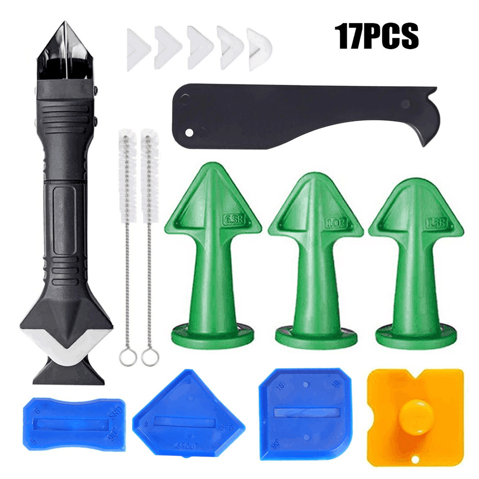 KOGEEK 17 PCS Caulk Remover Tools 3 in 1 Metal Scraper with 6 Silicone Pads Grout Angle Scrapers Caulking Nozzle Applicator Cleaning Brush Sealant Finishing Tools for Kitchen Bathroom Window Sink Tile. 