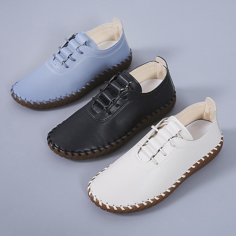 【ALLGOOD】Spring Women Flat Shoes  Handmade Sewing   Cow-muscle Soft Bottom Daily  Up Women Casual Shoes. 