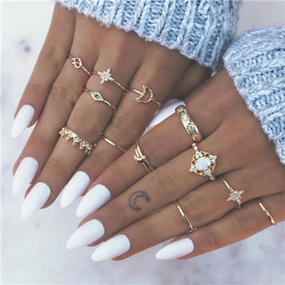 Trendy Gold Color Crystal Moon Star Crown Shape Ring Set for Women Girl Metal Geometric Rhinestone Midi Ring 3377