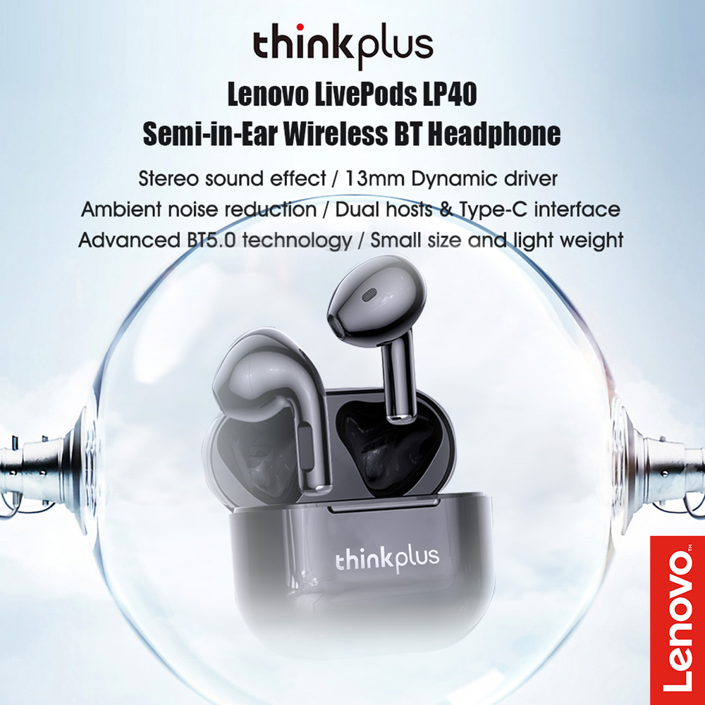 Lenovo LP40 Black Wireless Earbuds TWS Live Pods Bluetooth 5.0 Stereo Bass Earphone Touch Control with Mic. 