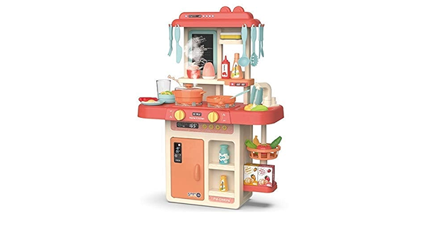 BIGFOLK Kids 36-Piece Barbie Kitchen Set for Kids Girls Toys | Realistic Lights and Sounds Play Sink with Running Water, Dessert Shelf Toy and Kitchen Accessories Set for 4 Year Old