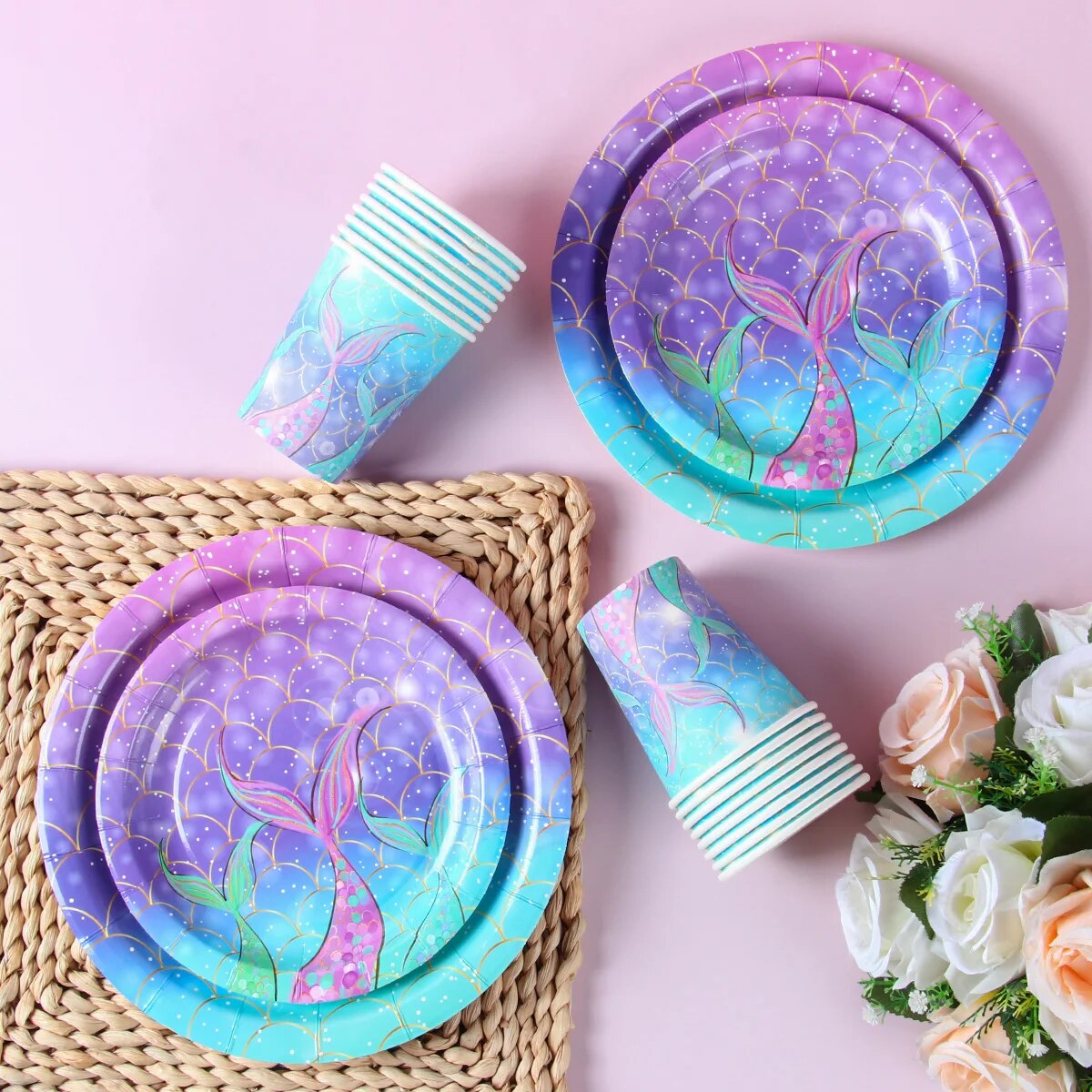 paper plates Mermaid Disposable Tableware Set Paper Plates Cups Little Mermaid Birthday Party Decorations Girl Baby Shower Party SuppliesParty Tableware. 