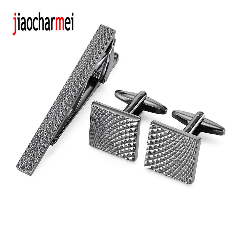 【Alizeker Mall】High quality brand fashion gift set Cufflinks tie clip hand polished black carved Cufflinks tie Mens Suit shirt tie