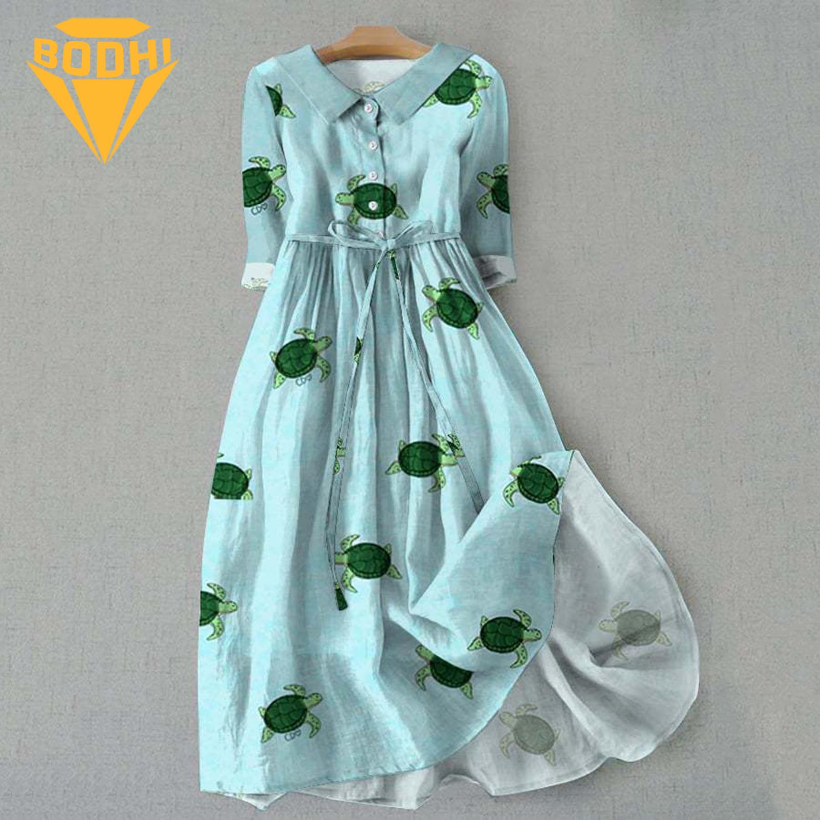 Bohemian Style Dress Bohemian Style Floral Print Midi Dress with Lace-up Strap Fashion Trend Women Lapel Dress. 