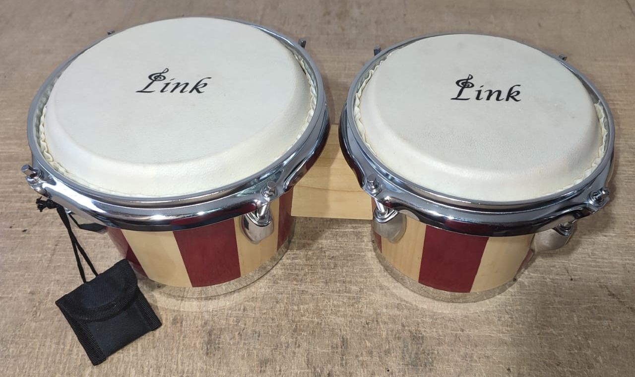 Link Double Bongo Drum Set with Tuning Wrench Professional Wooden Percussion Instrument for Professional, Beginner Adults Kids (Natural Skin) Maverick Percussion. 