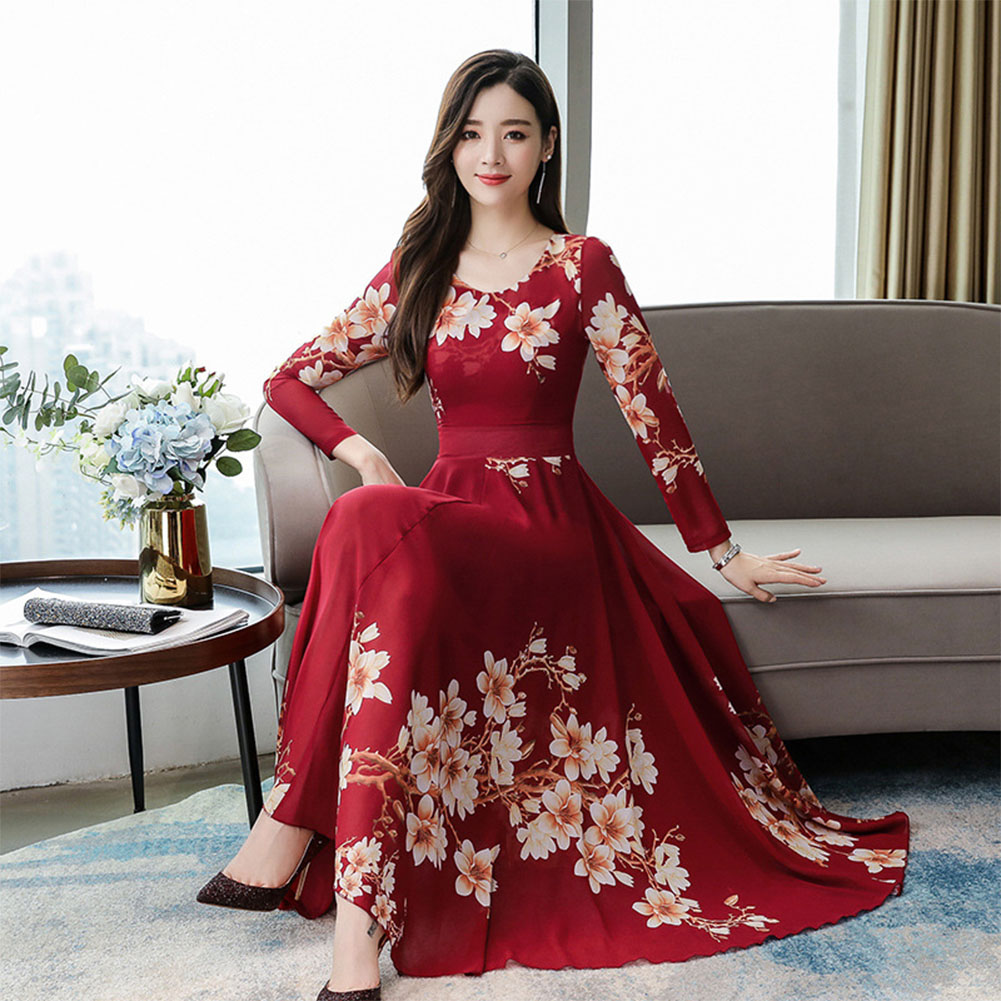 Yfashion Summer Women Cotton Long Sleeves Dress Elegant Flower Printing  Long Skirt Casual Round Neck Large Size Dress | Daraz.lk