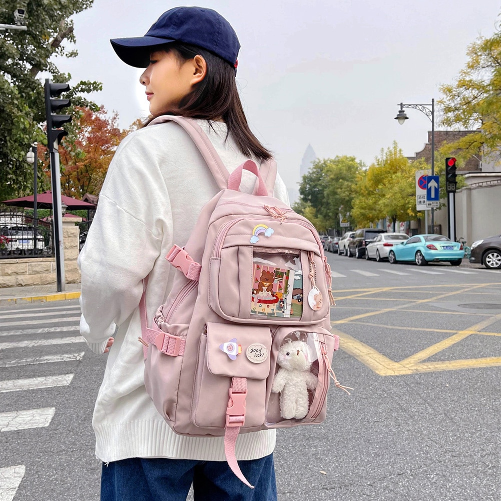 Kawaii Aesthetic Women Backpack School Bag for Teen Girls Japanese Korean Rucksack Student Bookbags with Cute Accessor Mochila. 