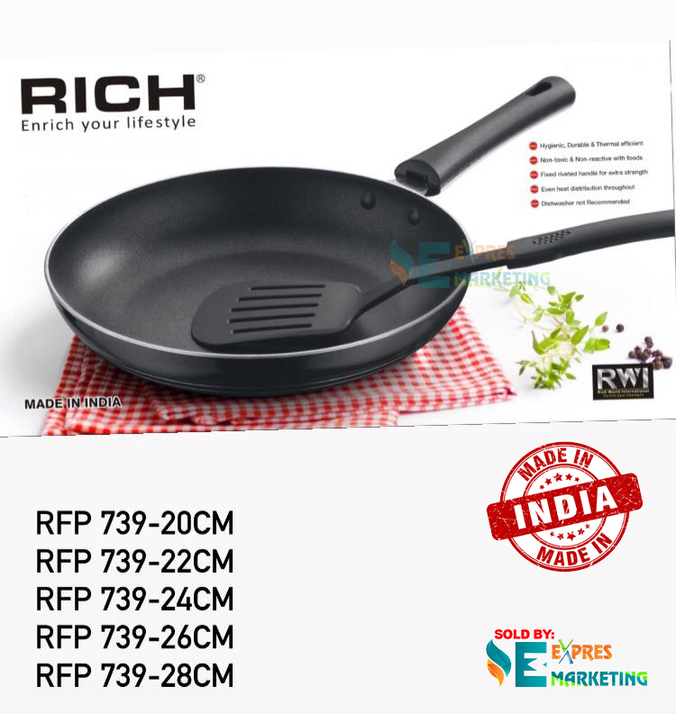 Rich Non Stick Tapper Pan Frypan 2.5mm Thickness with Free Nylon Spoon 20, 22, 24, 26, 28cm (Made in India). 