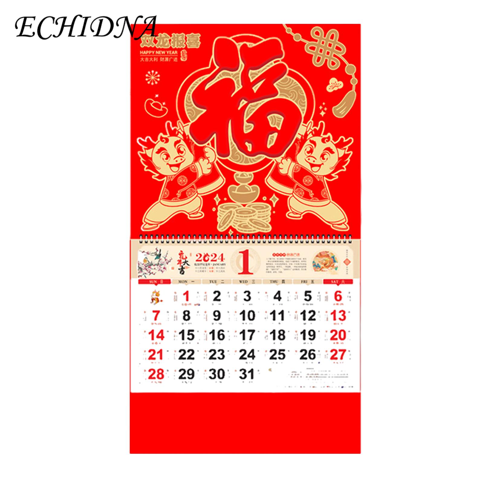 Year of the Dragon Wall Calendar 2024 Red Chinese New Year Wall Calendar Double Coil Tearable Monthly Ornament for Home Office Lunar Dates Wall Calendar. 